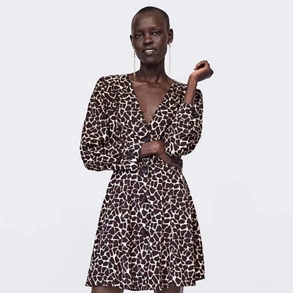 giraffe mini dress Vintage 80s 90s Leopard Giraffe Mini Dress Animal Print Safari Wrap Dress Secretary Dress Minimal Neutral Tan Short Sleeve